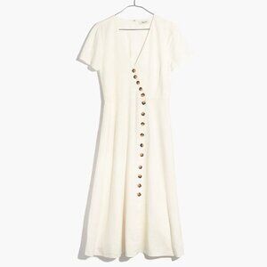 Madewell Linen-Blend Button-Wrap Midi Dress in White